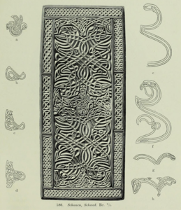 Drawing of a finely decorated brooch from Skabersjö, Scania. On the other side is a mostly uninterpreted Runic inscription. 700–750.