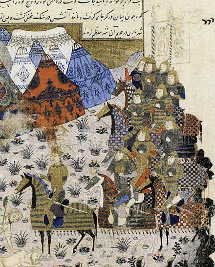 Ghiyath al-Din Tughluq leading his troops in the capture of the city of Tirhut in 1324, from Basātin al-uns by Ikhtisān-i Dabir, a member of the Tughluq court. Ca.1410 Jalayirid copy of 1326 lost original. Istanbul, Topkapi Palace Museum Library, Ms. R.1032.[171]