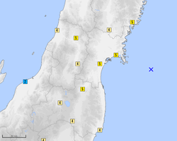 1978年と2005年の宮城県沖地震の震度観測点分布。前者はM7.4・最大震度5、後者はM7.2・最大震度6弱。観測点の密度は2005年のほうが高い。