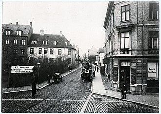 Smallegade seen from Falkoner Alle in c. 1890. The house to the left has not yet been demolished to make way for the new Town Hall Smallegade by Heinrich Johan Barby.jpg