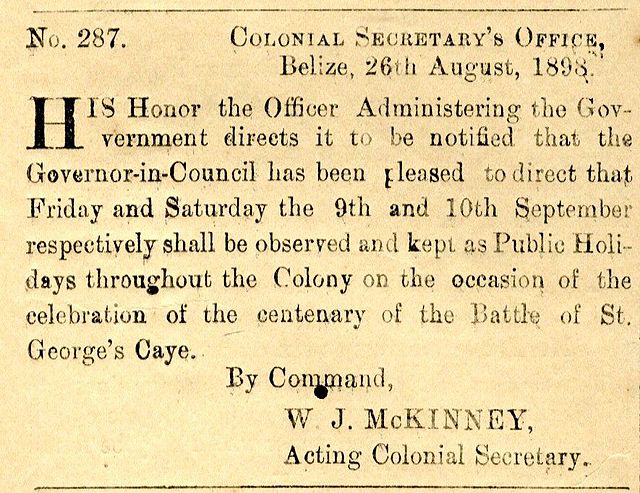An excerpt from the 1898 Gazette that declared 10 September an official holiday, Battle of St. George's Caye Day