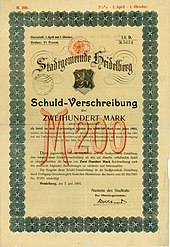 Schuldverschreibung der Stadtgemeinde Heidelberg vom 2. Juni 1903 mit Pfälzer Löwen in der Vignette