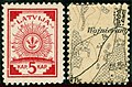 Первая марка Латвии и часть топографической карты германского генштаба на её обороте