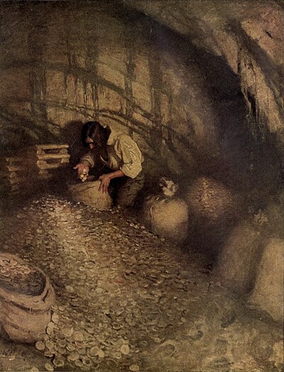 A boy standing in a pile of treasure, watching coins fall out of his hand.