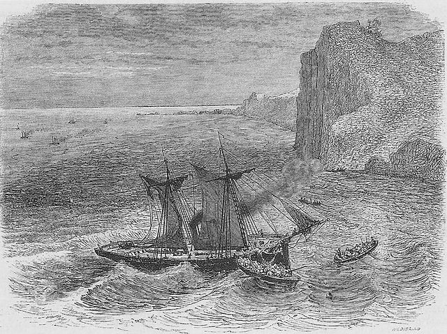 The wreckage of the Takao, pursued by steamships of the Imperial Navy
