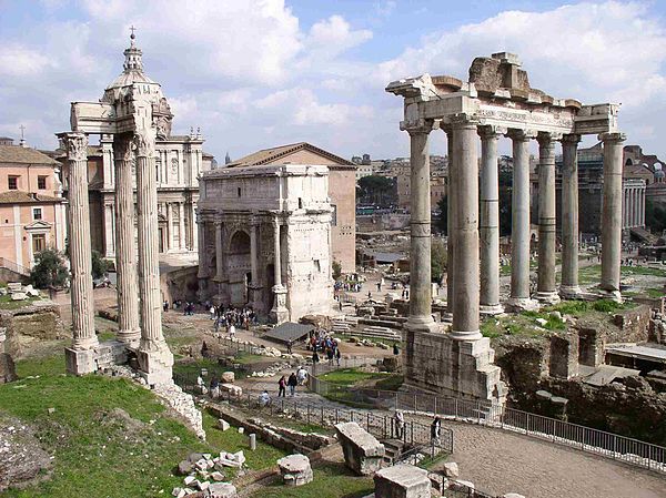 Ruins of the Temple of Saturn (eight columns on right) in Rome, traditionally said to have been constructed in 497 BC