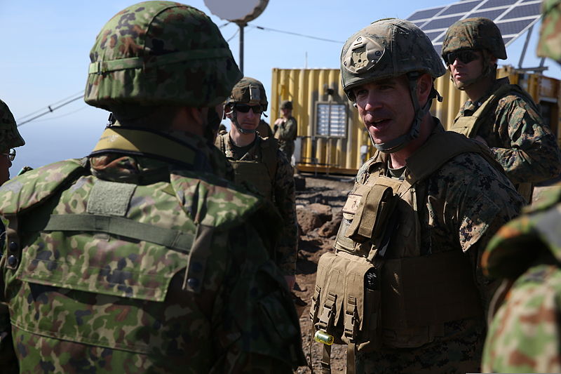 File:U.S. Marine Corps Maj. Bryan Hall, center right, the commander of the 1st Brigade Platoon, 1st Air Naval Gunfire Liaison Company, speaks with Japan Ground Self-Defense Force (JGSDF) officials at San Clemente 140213-M-ZH987-036.jpg