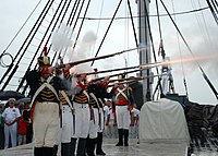 US Navy 080815-N-9793B-002 The 1812 Marines demonstrate a musket firing exercise during the USS Constitution vs. HMS Guerriere Battle Commemoration.jpg