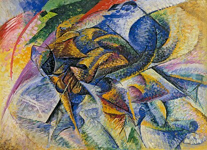Umberto Boccioni, 1913, Dynamism of a Cyclist (Dinamismo di un ciclista), oil on canvas, 70 x 95 cm, Gianni Mattioli Collection, on long-term loan to the Peggy Guggenheim Collection, Venice.jpg