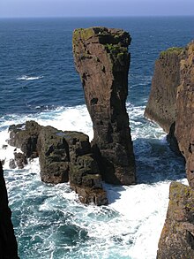 Unnamed stack off Papa Stour Unnamed Sea Stack Off Breigeo Head, Papa Stour (Big Isle of the Priests) - geograph.org.uk - 798589.jpg