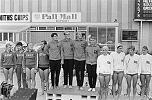 4x100m medley relay women podium. From left to right: Soviet Union, Netherlands and Great Britain Utrecht 4x100m medley women podium.jpg