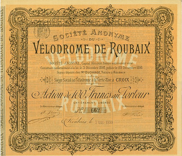 Share of the Société Anonyme du Vélodrome de Roubaix, issued 3 March 1899