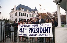 President-elect Bush and his wife Barbara hang a banner from the gate outside Number One Observatory Circle, Bush's official residence as vice president Vice President and Mrs. Bush at the Vice President's home at the Naval Observatory the day after the VP wins the election.jpg