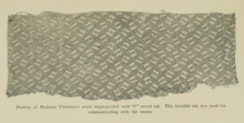 Portion of the scarf used by Mme. Victorica, which contained German secret ink. ca. 1917. Victorica scarf.png