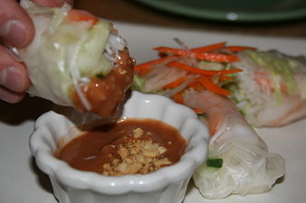 Spring rolls with a black bean dipping sauce