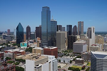A view of the Dallas skyline from the GeO-Deck of Reunion Tower in Dallas, Texas