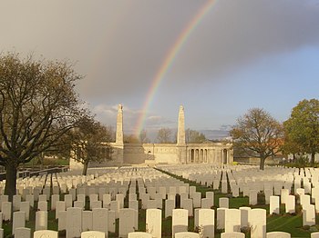 The Vis-en-Artois Memorial. The rainbow caught in the photograph meets the memorial just to the left of Gillick's relief. Vis-en-artois-06.JPG