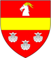 Arms of Warham: Gules, a fess or in chief a goat's head couped argent attired or in base three escallops two and one of the third WarhamArms.png