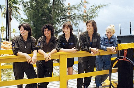 The first five American female astronauts to travel into space – Sally Ride, Judy Resnik, Anna Fisher, Kathryn Sullivan and Rhea Seddon undergo water survival training at Homestead Air Force Base