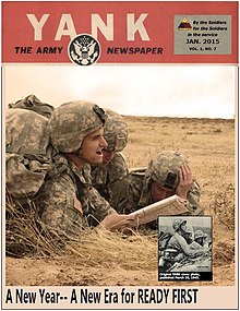 January 2015 cover photo of 1/1 AD YANK magazine. Three infantrymen with Bravo Company, 3rd Battalion, 41st Infantry Regiment, 1st Brigade, 1st Armored Division, recreate the original Yank cover photo from March 30, 1945. Yank January 2015.JPG