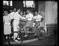 "In a bicycle built for two," Washington, D.C. September 8. Dr. Loo S. Rowe greets Victor Scarraffia and Vincente Gregori ? (front to rear) two Argentinian cyclists who left Buenos Aires LCCN2016878424.jpg