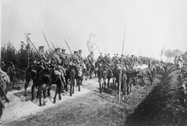 The Retreat from Mons: 16th Lancers on the march, September 1914.