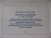 Gedenktafel für Hans Ullstein am Haus Bettinastraße 4