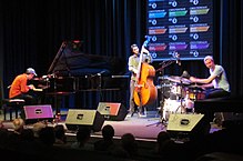 Galvin and Dick with Tom McCredie as Elliot Galvin Trio in Cheltenham, UK 20170429 Elliot Galvin Trio at Cheltenham Jazz Festival 2017.jpg