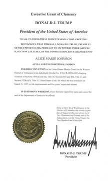 August 2020 pardon granted by Donald Trump 2020-08-28 Trump padron for Alice Marie Johnson-alice marie johnson clemency warrant 8.28.2020.pdf