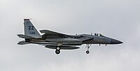 A US Air Force F-15C Eagle, tail number 85-0112, on final approach at Kadena Air Base in Okinawa, Japan. It is assigned to the 18th Wing at Kadena AB.