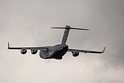 A Boeing C-17 Globemaster III, tail number 95-0103, taking off from RAF Mildenhall in the United Kingdom. It is assigned to the 62nd Airlift Wing and the 446th Airlift Wing at Joint Base Lewis McChord in Washington, USA.