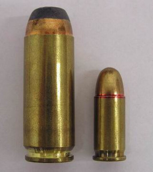 Example of a 12 mm cartridge, a .50 Action Express (left) next to a .32 ACP for comparison