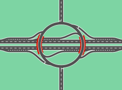Kreisverkehr als Anschlussstelle mit sechs Rampen, liegt auf der Interstate 95 bei Waltham (Massachusetts). 42° 22′ 17″ N, 71° 16′ 9″ W42.37137-71.26918