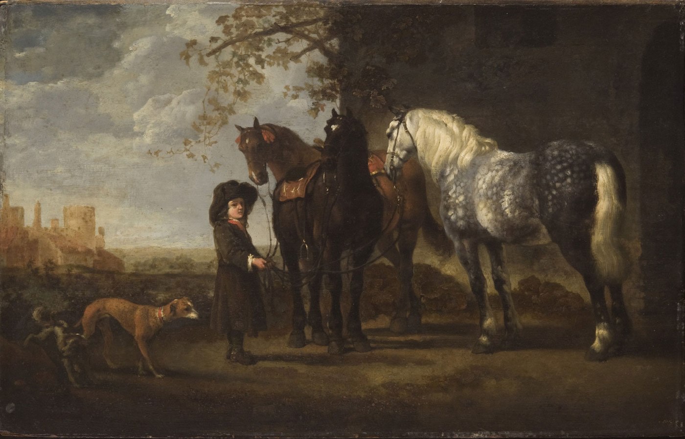 Groom with Three Horses and Two Dogs