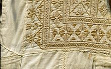 Detail of man's white satin stitch embroidered smock from Afghanistan. Mid 20th century. Afghanistan Smock detail.jpg