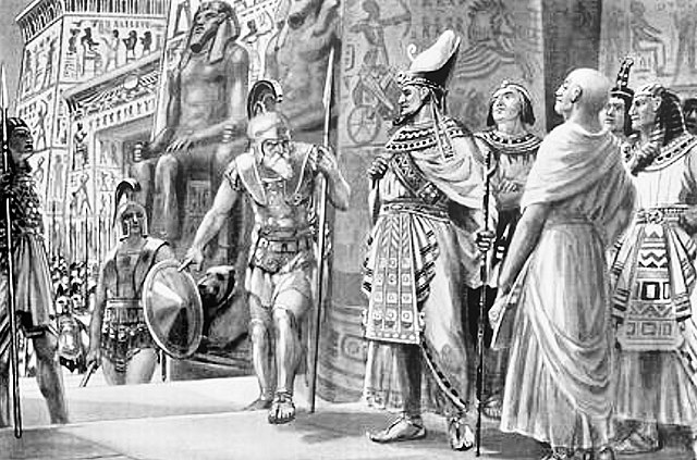Chabrias (left, with shield) with Spartan king Agesilaus (center left), in the service of Egyptian king Nectanebo I and his regent Teos, Egypt 361 BC.
