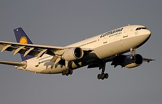 Lufthansa operated the high-capacity Airbus A300-600 on domestic and European routes until 2009. The image shows an aircraft of that type on final approach at Frankfurt Airport in 2003. Airbus A300B4-605R, Lufthansa AN0481981.jpg