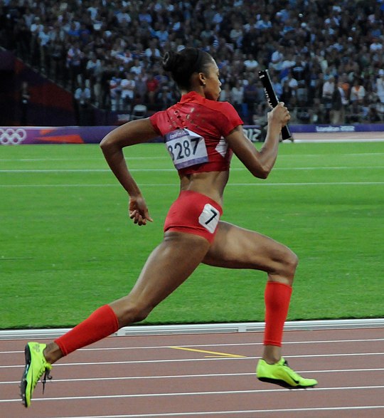 Felix running second leg on the U.S. 4 × 400 meters relay team at the 2012 London Olympics