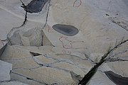 English: Rock art in the world heritage area in Alta, Norway. This is from the area Bergbukten 1, a group of some 900 figures. 23-25 m above sea level, and 6000-7000 years old.