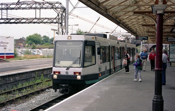 A T-68 tram at Altrincham station in 1992, shortly after the line was opened to trams.