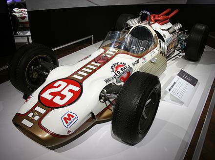 Eddie Sachs' American Red Ball Special Halibrand Shrike-Ford from the 1964 Indianapolis 500 American Red Ball Halibrand Ford front Honda Collection Hall.jpg