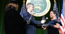 Campbell (far right) taking her oath of office as attorney general Andrea Campbell attorney general oath of office 2023 (1).png