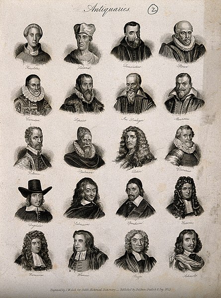 "Antiquaries": portraits of 20 influential antiquaries and historians published in Crabb's Universal Historical Dictionary (1825). Featured are: Giral