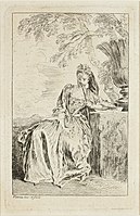 Watteau, Seated Woman, Leaning on a Pedestal, c. 1709–1710, etching, plate from Figures de mode, Art Institute, Chicago