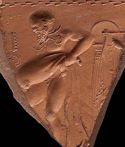 portion of bearded satyr, emptying a wine-skin, Ceramic, Arretine ware, Roman, Augustan Period 31 B.C.–A.D. 14