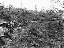 Australian troops move behind Matilda tanks during a dawn attack around Sattelberg, 27 November 1943 Australian troops dawn attack on Sattelberg.jpg