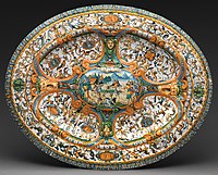 Basin or dish with The Gathering of Manna and extensive grotesques, 1620–45, probably made as a pair to an Italian dish of the 1560s.[34]