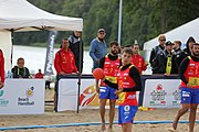 Deutsch: Beachhandball Europameisterschaften 2019 (Beach handball Euro); Tag 3: 4. Juli 2019 – Männer, Hauptrunde Gruppe I, Dänemark-Spanien 2:0 (23:20, 29:22) English: Beach handball Euro; Day 3: 4 July 2019 – Men Main Round Group I – Denmark-Spain 2:0 (23:20, 29:22)