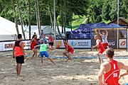 Deutsch: Beachhandball Europameisterschaften 2019 (Beach handball Euro); Tag 2: 3. Juli 2019 – Männer, Vorrunde Gruppe B, Slowenien-Serbien 1:2 (16:20, 19:18, 6:7) English: Beach handball Euro; Day 2: 3 July 2019 – Men Preliminary Round Group B – Slovenia-Serbia 1:2 (16:20, 19:18, 6:7)