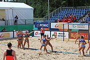 Deutsch: Beachhandball Europameisterschaften 2019 (Beach handball Euro); Tag 2: 3. Juli 2019 – Frauen, Vorrunde Gruppe C, Spanien-Griechenland 2:1 (12:20, 18:16; 8:2) English: Beach handball Euro; Day 2: 3 July 2019 – Women Preliminary Round Group C – Spain-Greece 2:1 (12:20, 18:16; 8:2)